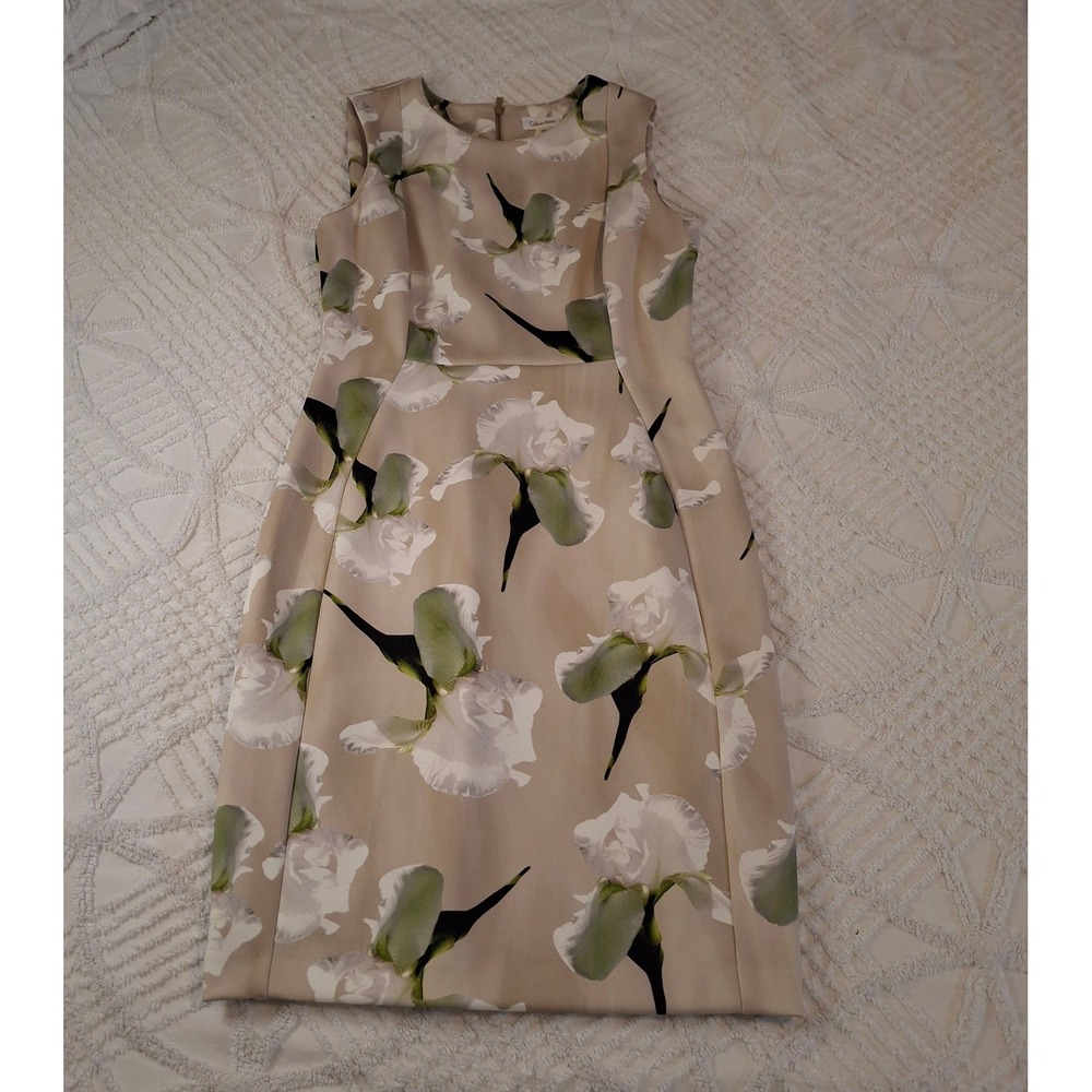 Calvin Klein Womens 12 Sheath Dress Beige Floral Iris Sleeveless Knee Length